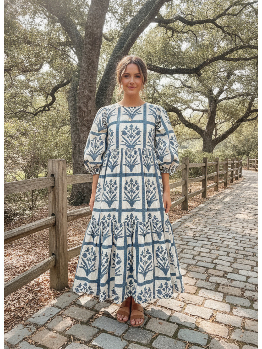 Blockprints Women's Blue and White Floral Midi Dress with P3